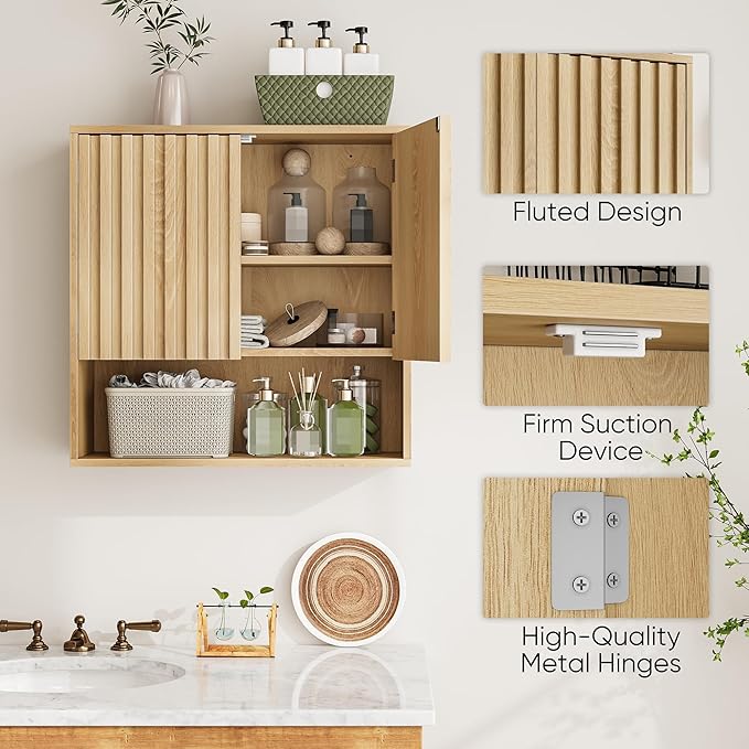 Smuxee Fluted Bathroom Cabinet Wall Mounted, Wooden Medicine Cabinet - Image 3