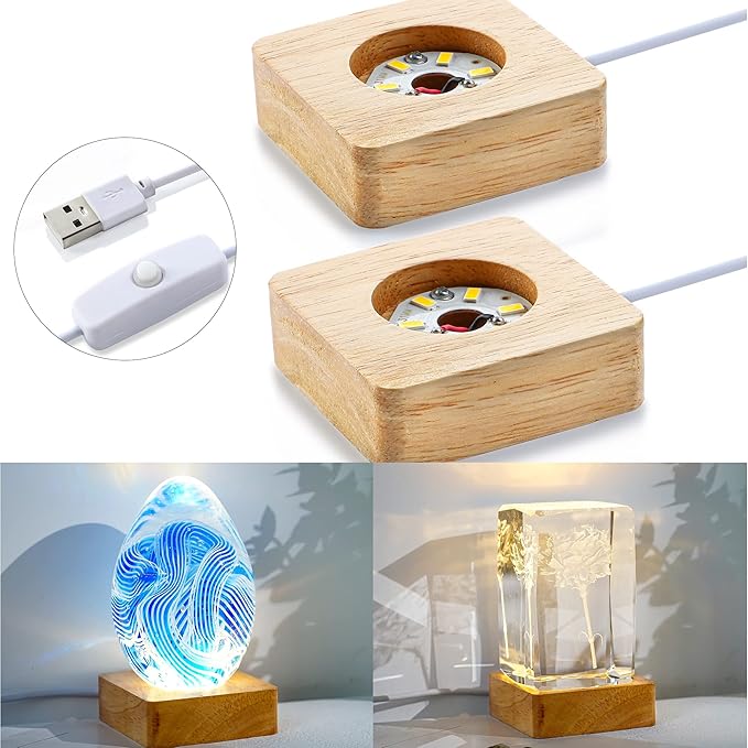 ZEERSHEE Pack 2 Wooden LED Light Display Base 2.3in Crystal Glass Light Base - Image 2