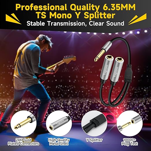 Togconn 1/4 inch TS Mono Splitter Y Adapter, 6.35mm Mono Male to Dual 6.35 mm - Image 2