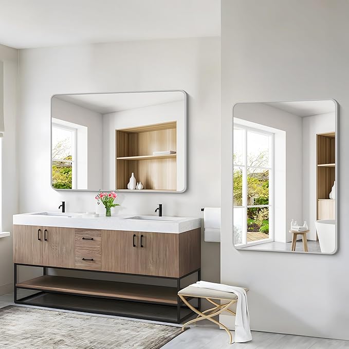 48x36 Inch Silver Bathroom Mirror, Large Rectangular Vanity Mirror, Metal - Image 4
