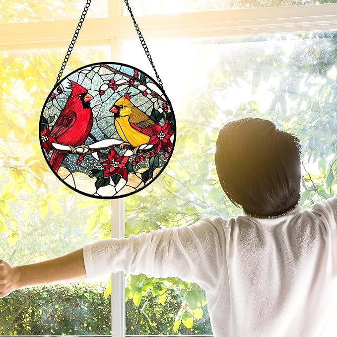 DASTOLL Stained Glass Window Hanging, Love Birds Cardinals Sun Catchers - Image 3