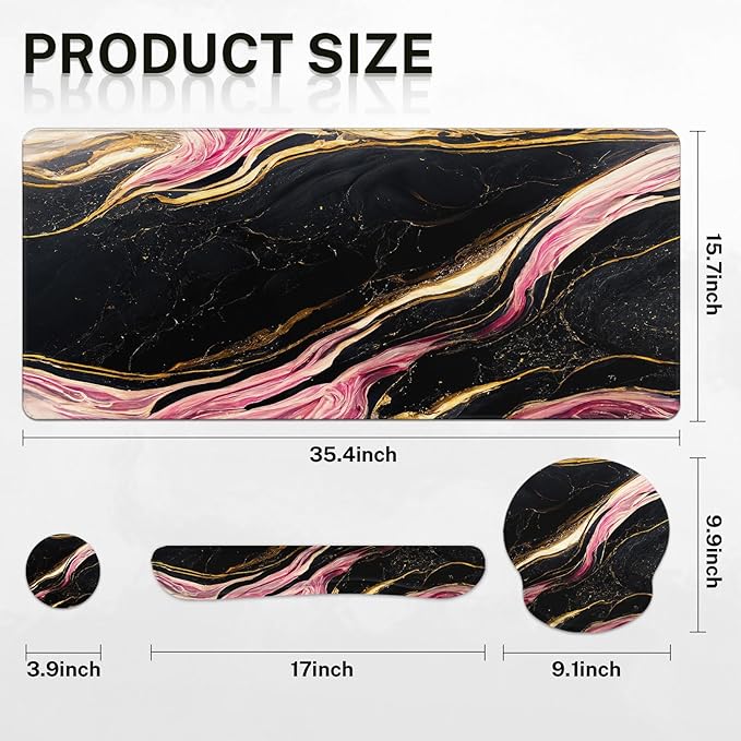 Britimes Pink Black Gold Marble Keyboard Mouse Pad Set 4in1 Large - Image 2