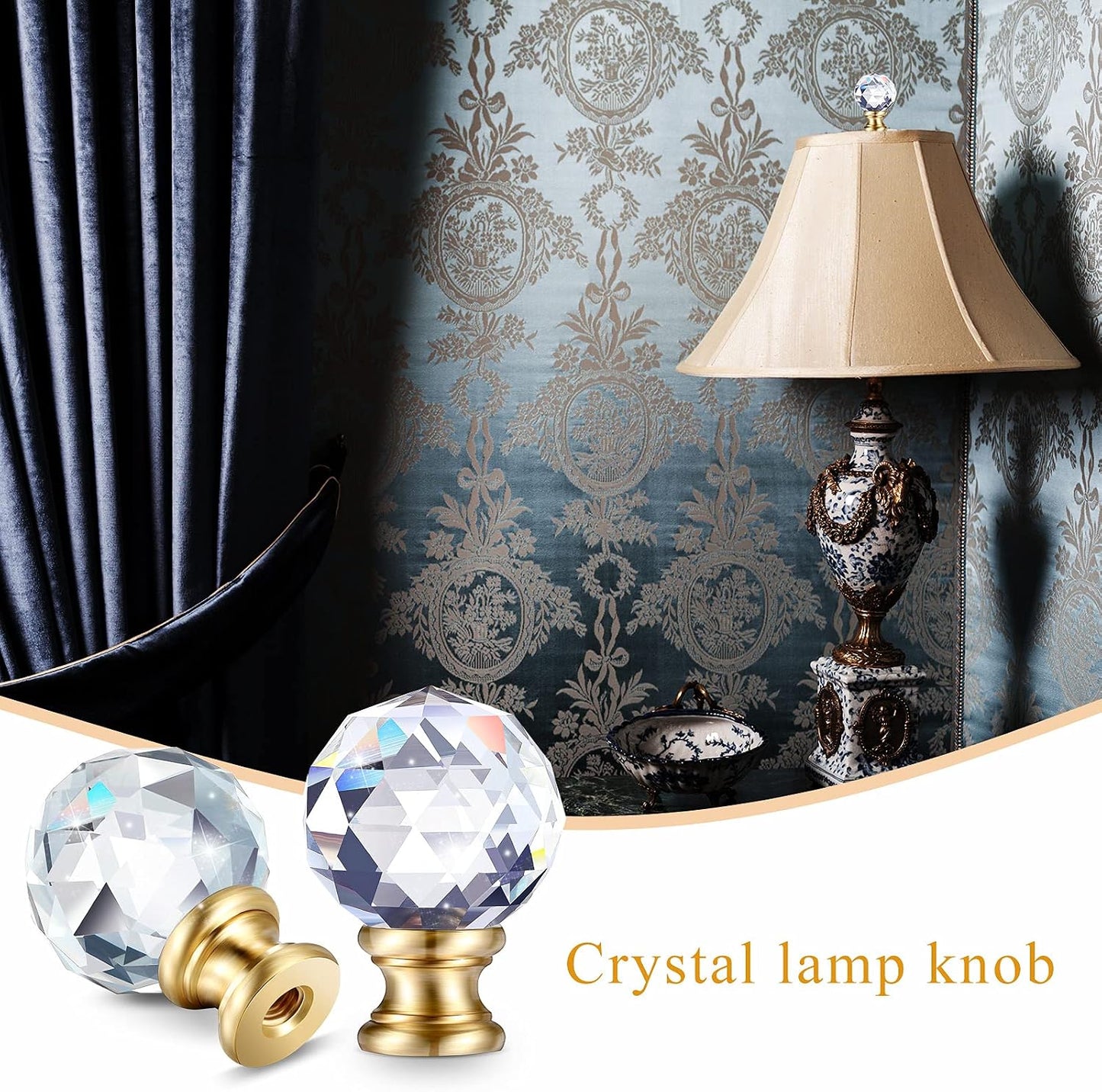 Mudder 2 Pcs Crystal Lamp Finial Diamond Knob 1-3/4 Inches,Gold Base | Decorative Finials for Lamp Shades, Faceted Crystal Knobs with Threaded Screw Cap, Fits Table and Floor Lighting Fixtures