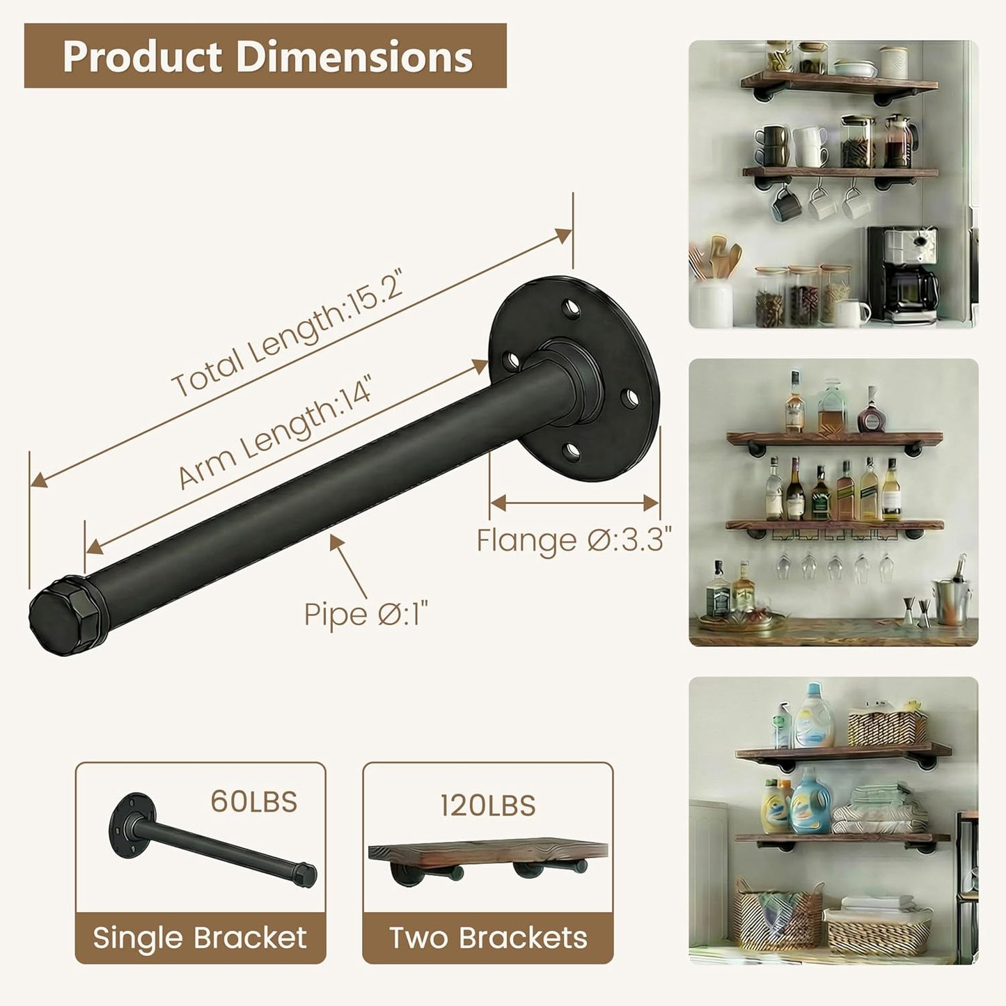 Industrial Pipe Shelf Brackets 8-Pack 14 Inch - Heavy Duty Black Iron for 8"-14" Wood-Wall Mount Floating Shelves Kit with All Hardware Included,Pipe Shelving Brackets , Black DIY Pipe Shelves