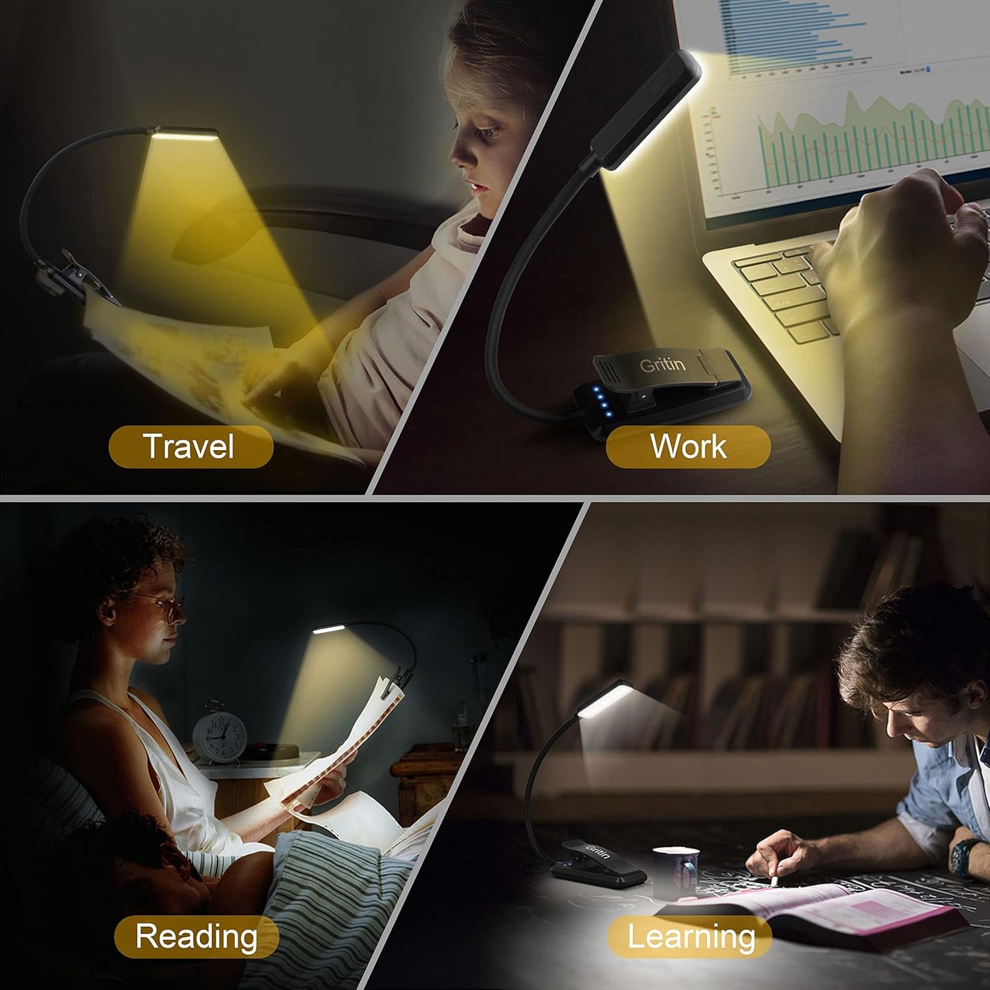 Gritin 9 LED Rechargeable Book Light for Reading in Bed | Eye Caring 3 Color Temps,Stepless Dimming Brightness,80 Hrs Runtime Small Lightweight Clip On Book Reading Light for Studying