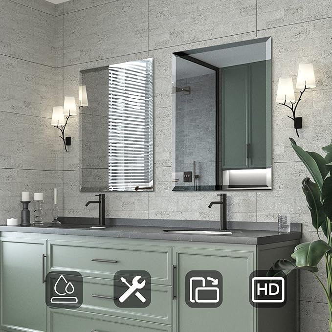 Mirrorons Beveled Mirror, Wall Mirror 24" x 32", Frameless Rectangle Bathroom - Image 2
