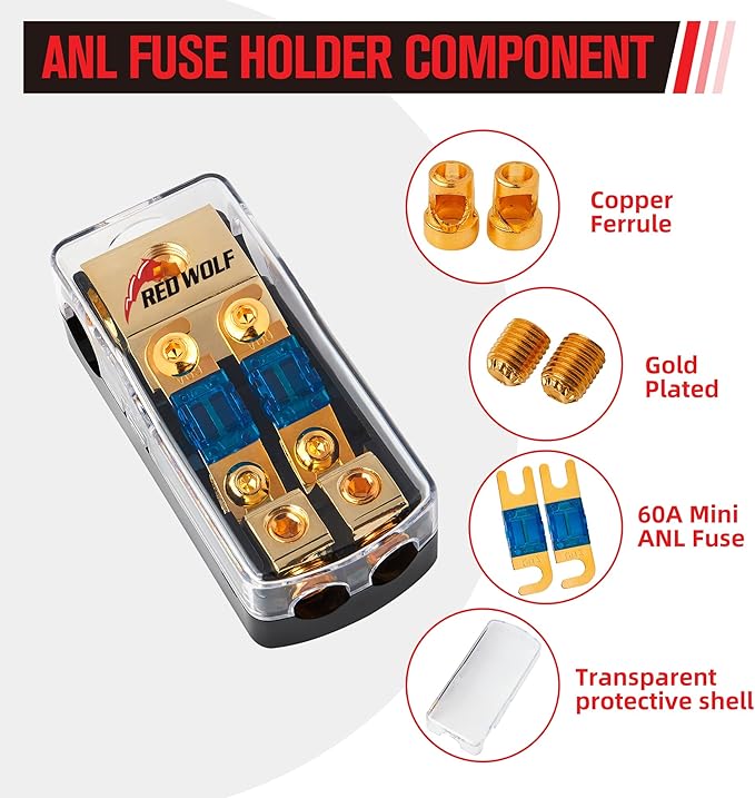 RED WOLF 2 Way Mini ANL Fuse Holder 60A 0/2/4 Gauge Input 4/8 Gauge Output Fuse - Image 5