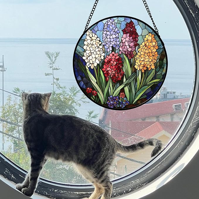 DASTOLL Stained Glass Window Hanging, Colorful Hyacinth Flowers Suncatcher - Image 3