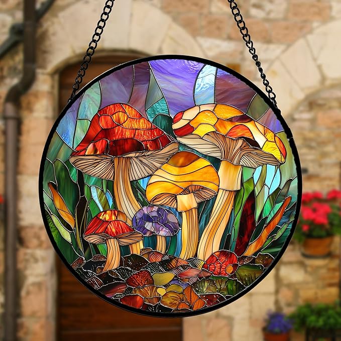 DASTOLL Stained Glass Window Hanging, Jungle Mushrooms Sun Catchers Diamond - Image 2