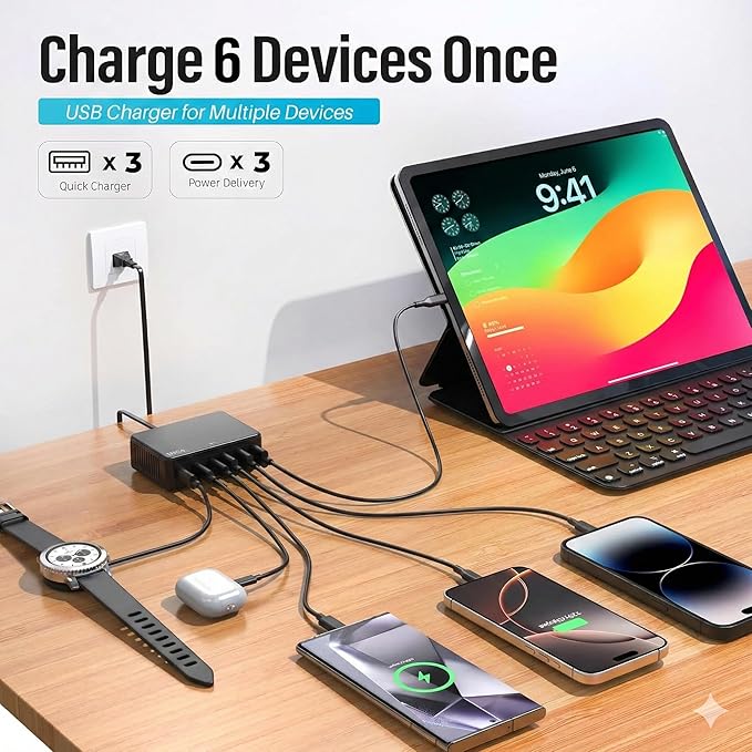 100W USB C Fast Charger, GaN III 6 Port PD+QC Multiport Charging Station - Image 5