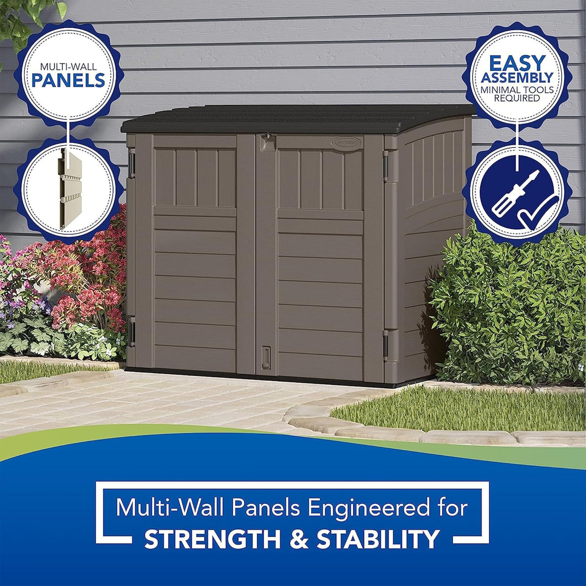 suncast 34 cu ft horizontal storage shed, resin, side view