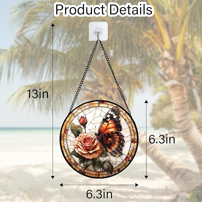DASTOLL Stained Glass Window Hanging, Butterfly Picking Flowers Suncatcher - Image 4