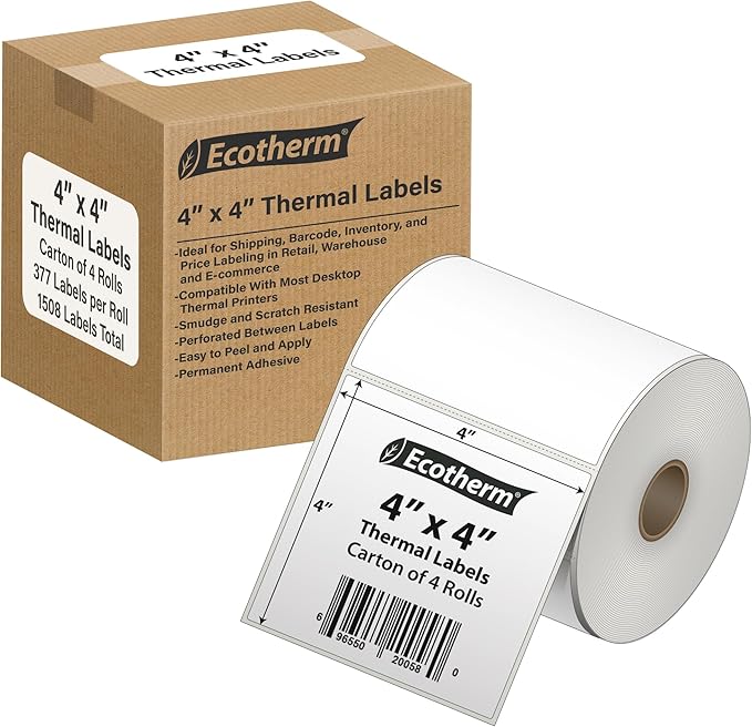 4" x 4" Thermal Labels | 4 Rolls | 1508 Labels | fits Zebra, Offnova Thermal by EcothermProducts