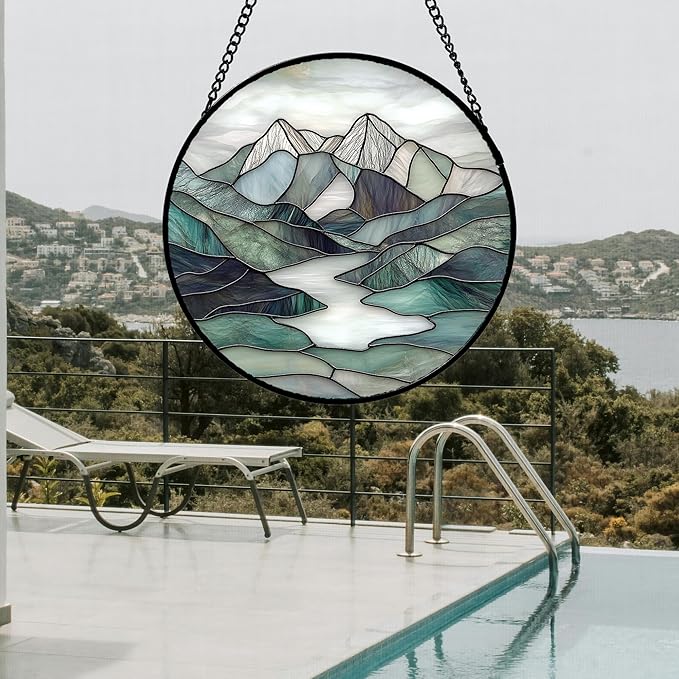 AMDERVEN Stained Glass Window Hanging 4 Pcs Set Mountain River Landscape 9.8" - Image 5