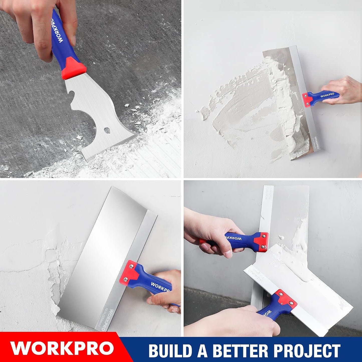 WORKPRO Drywall Tools, Stainless Steel Taping Knife 8 in 1 Painting Scraper with Mud Pan, Spackle Knife Set for Drywall Repairing, Paint Scraping and Wallpaper Removing | PP Rubber Handle, Drywall Repairing, Paint Scraping, Wallpaper Removing, Easy to