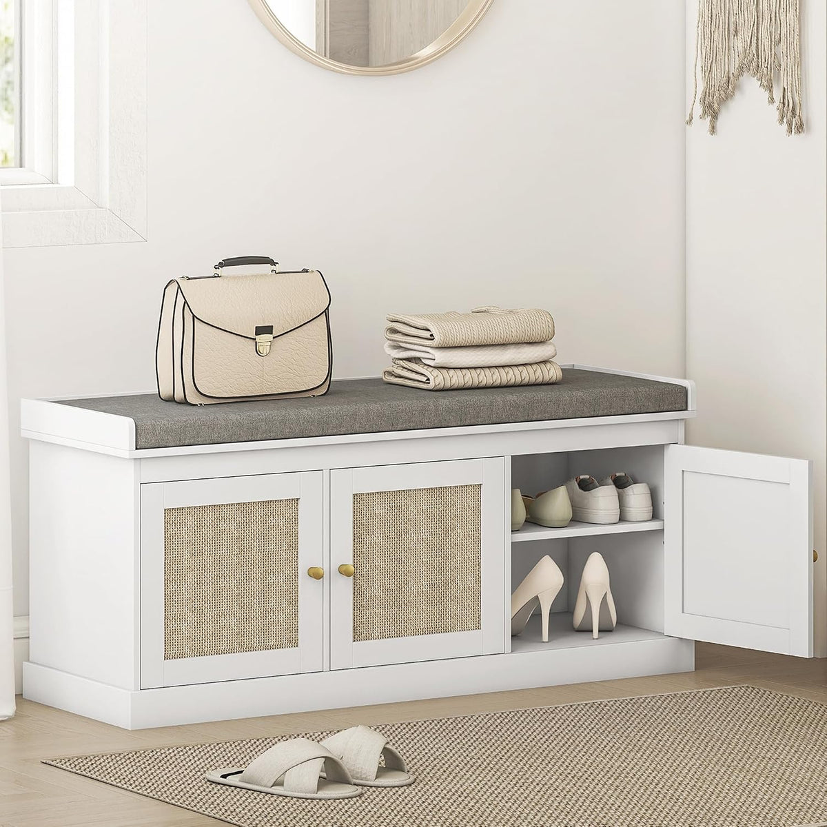 homcom shoe bench storage rattan doors 13.8 x, main product view