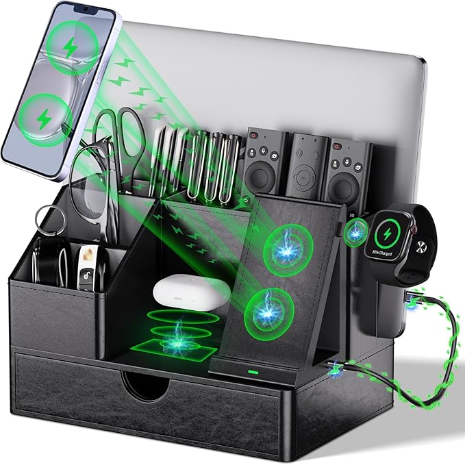 Black PU Leather Multi-Device Charging Station by LADSTAG
