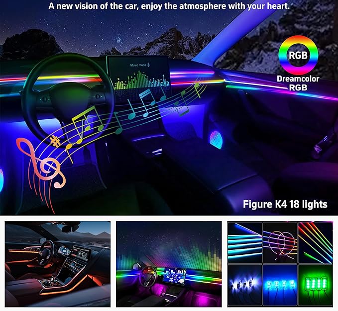 Acrylic Interior Car LED Strip Lights, Colorful 6-in-1 Car Ambient Lighting Kit - Image 2
