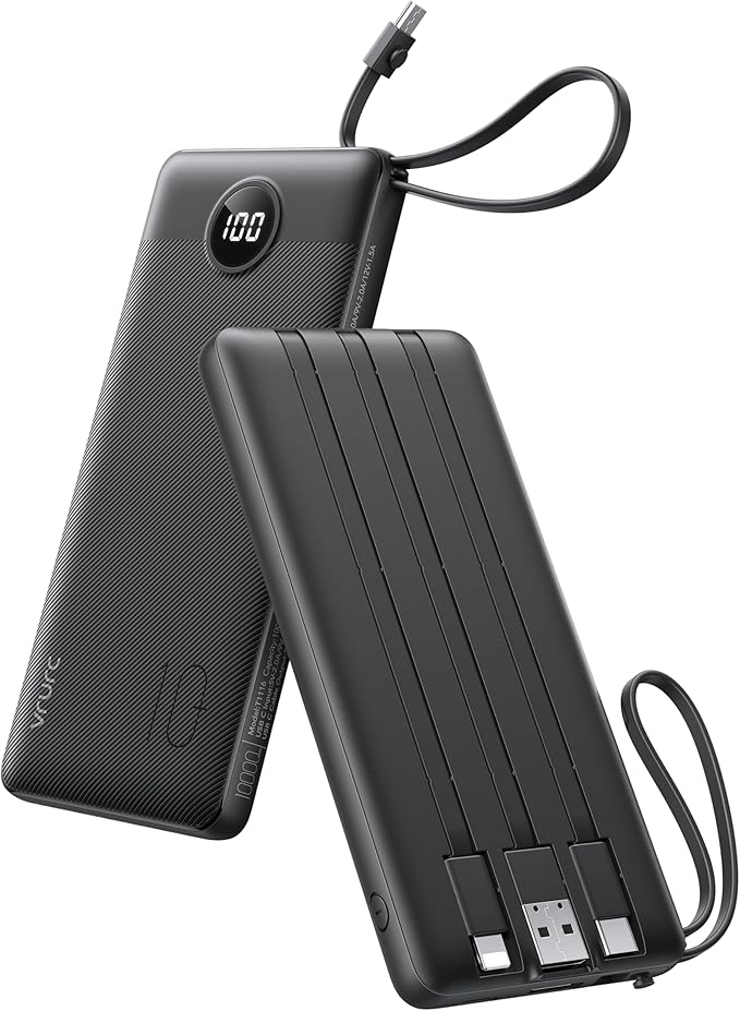 VRURC Portable Charger with Built in Cables, Slim Power Bank 10000mAh, USB C by Home