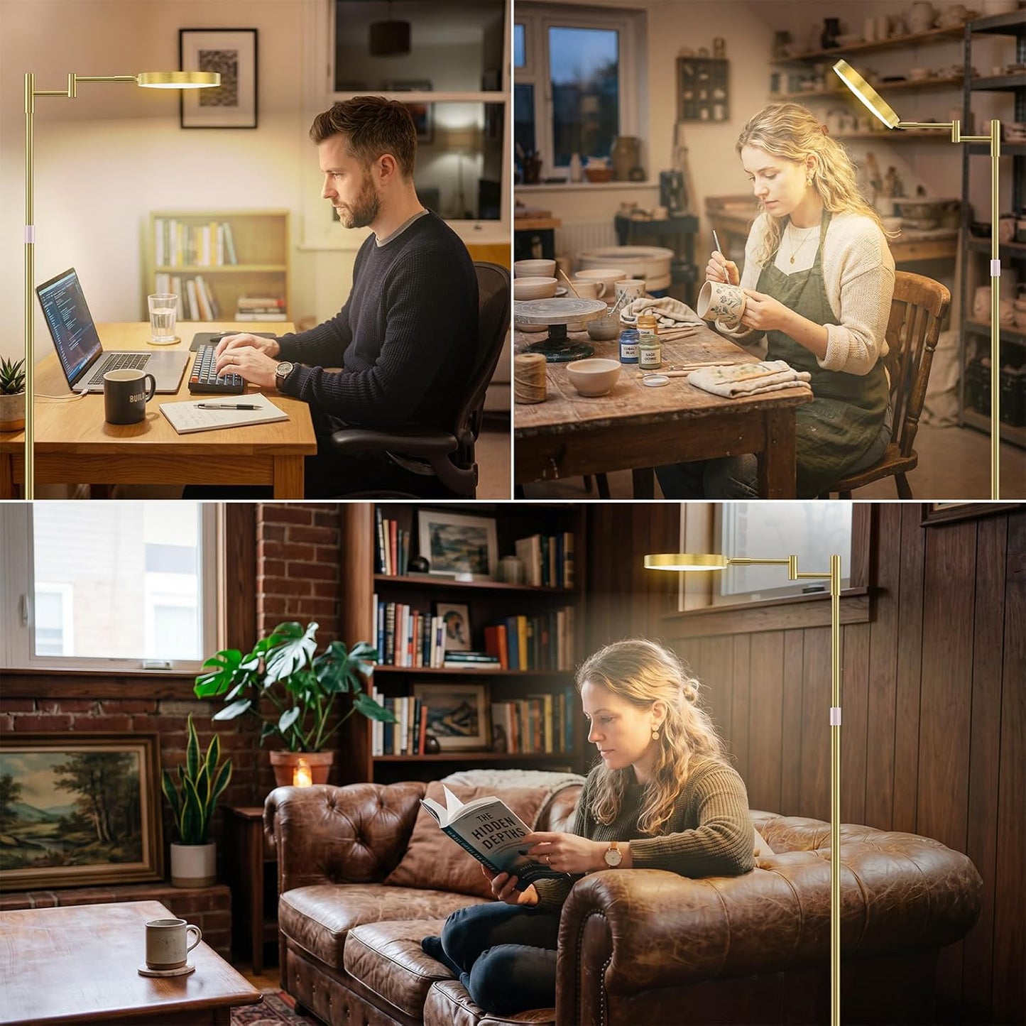 LED Floor Lamp, 18W Bright Standing Lamp with Remote Control, Adjustable Height, 350°Swing Arms, Modern Dimmable Coner Floor lamp for Reading, Sewing and Crafts, Gold