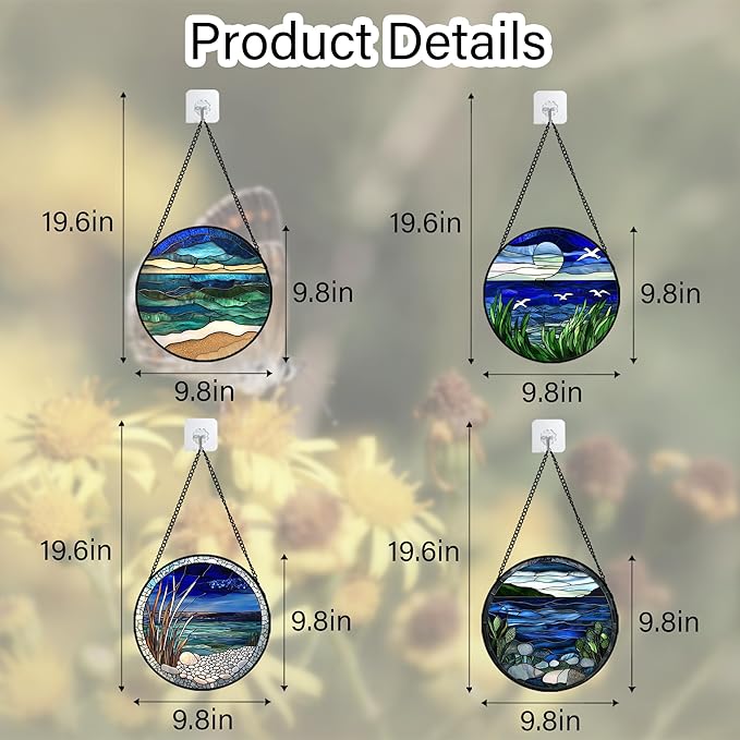 AMDERVEN Stained Glass Window Hanging 4 Pcs Set Navy Blue Ocean Landscape 9.8" - Image 6