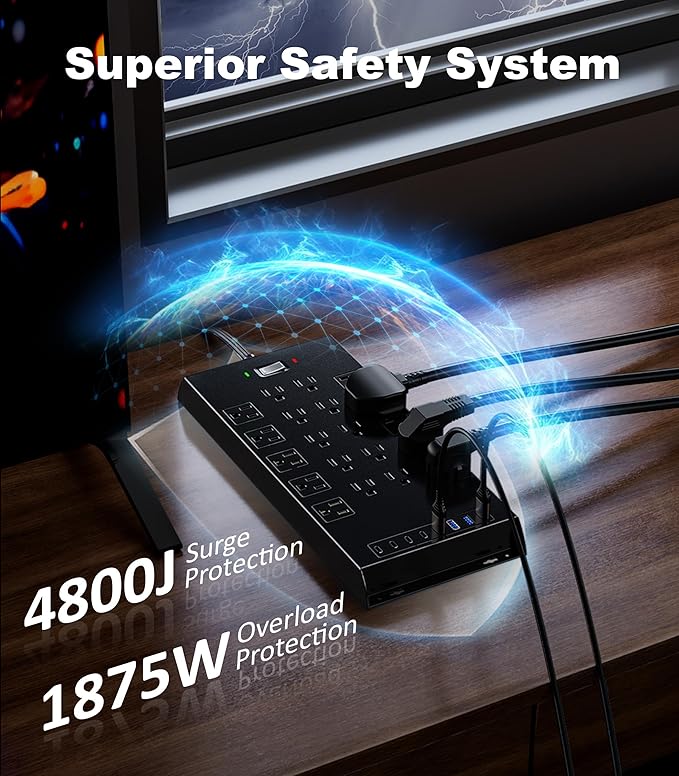 Surge Protector Power Strip 4800J, LeZone 10Ft Long Extension Cord Flat Plug - Image 4