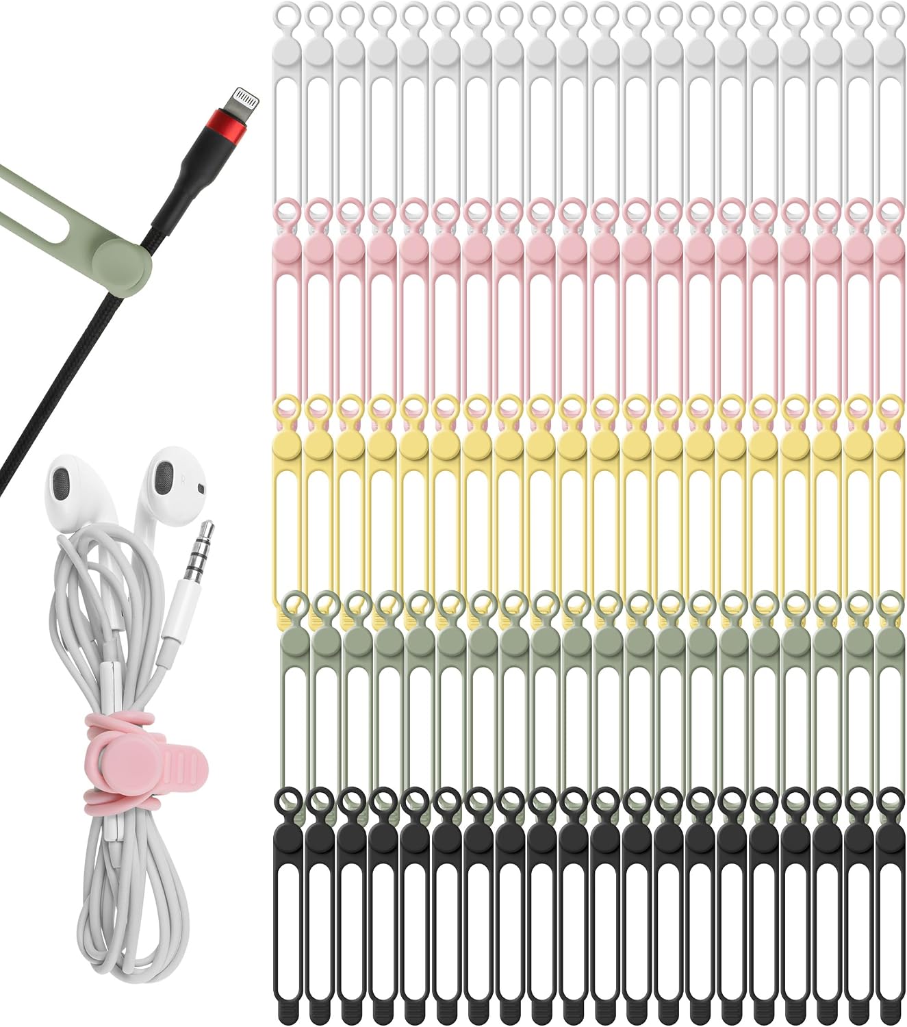 100Pcs Silicone Cable Ties, Cord Organizer Cable Management-Multi | Reusable Cord Ties for Electronics, Office Desk Accessories, Home Travel Essentials, Easy to Use, 4.2 Inch-5 Colors
