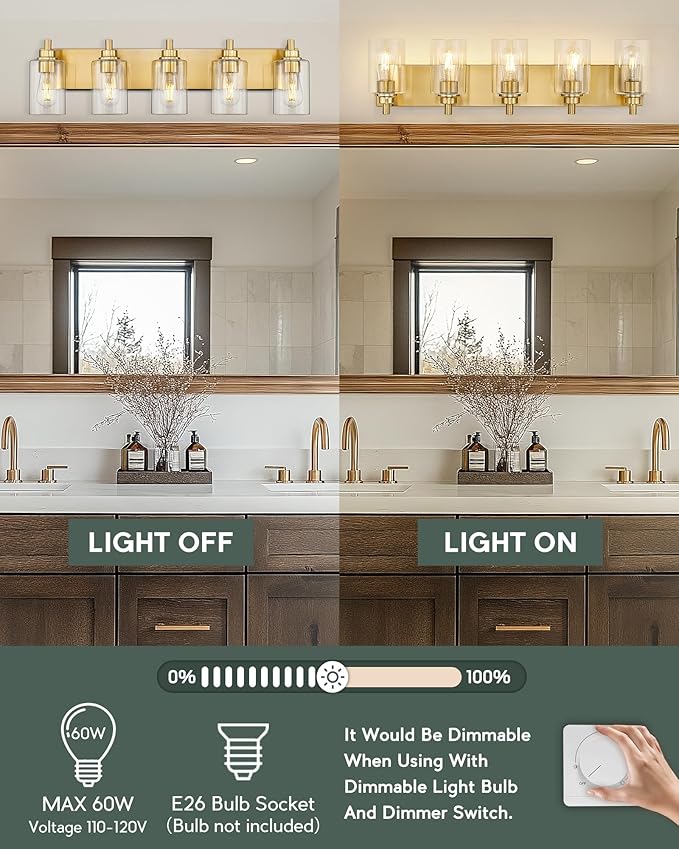 METWET 5-Light Bathroom Light Fixtures, 30 Inch Brushed Gold Vanity Light - Image 5