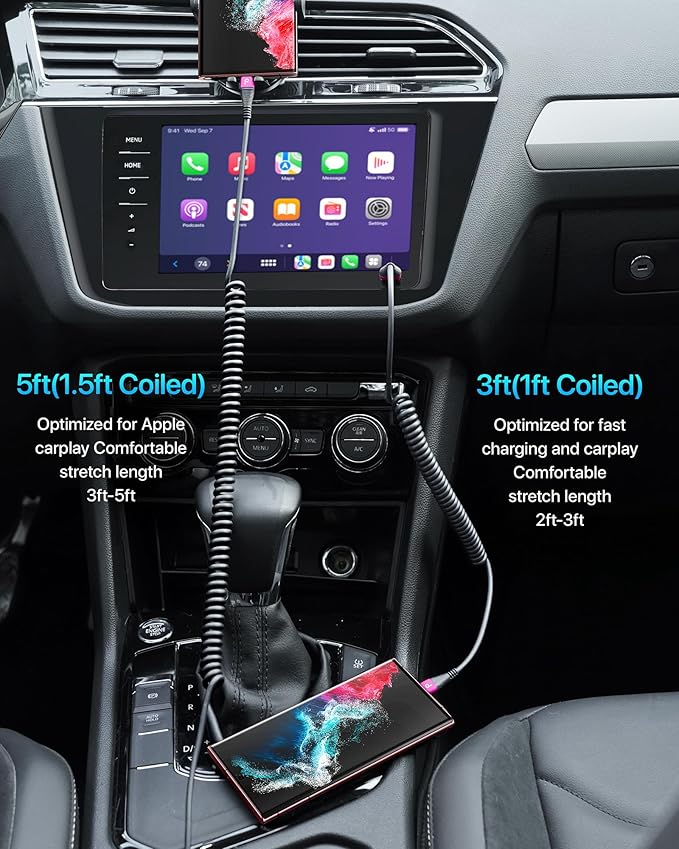 Coiled USB A to USB C Cable for Car, 3FT/5FT USB C Cable Fast Charging - Image 4