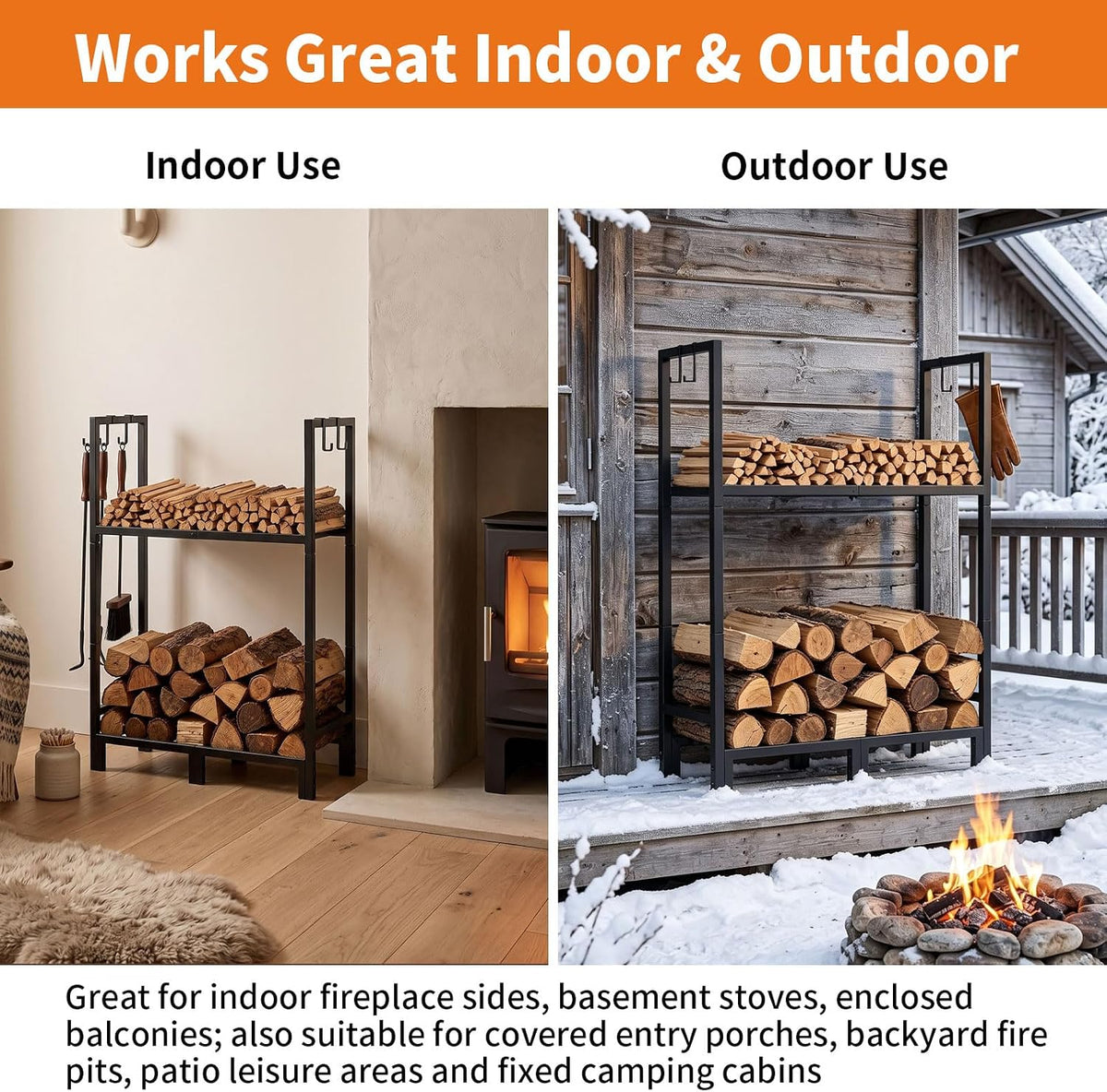 firewood rack indoor outdoor with log carrier, 2-tier, close-up detail