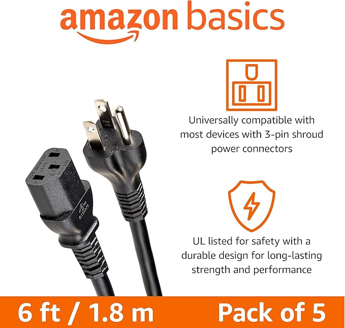 Amazon Basics PC Power Cord, 6 feet, AC Power Cord - Image 2