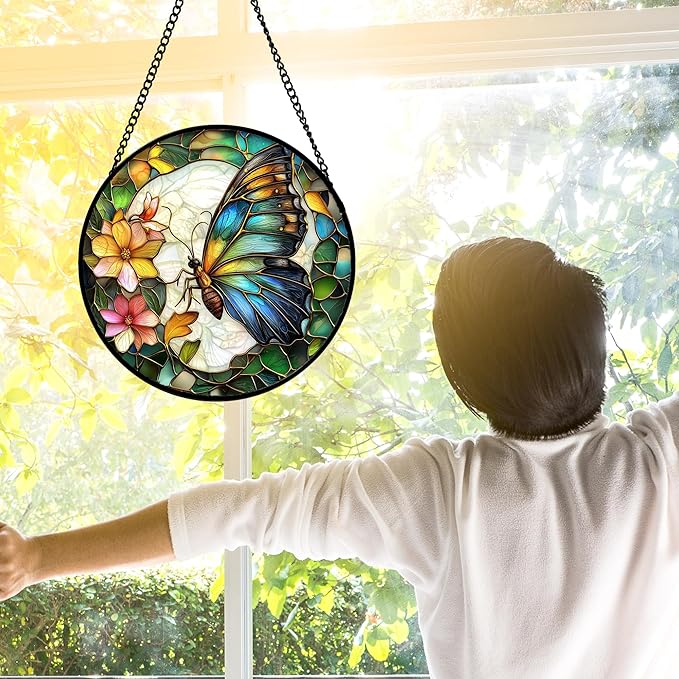 DASTOLL Stained Glass Window Hanging, Butterfly Flower Sun Catchers Diamond - Image 2