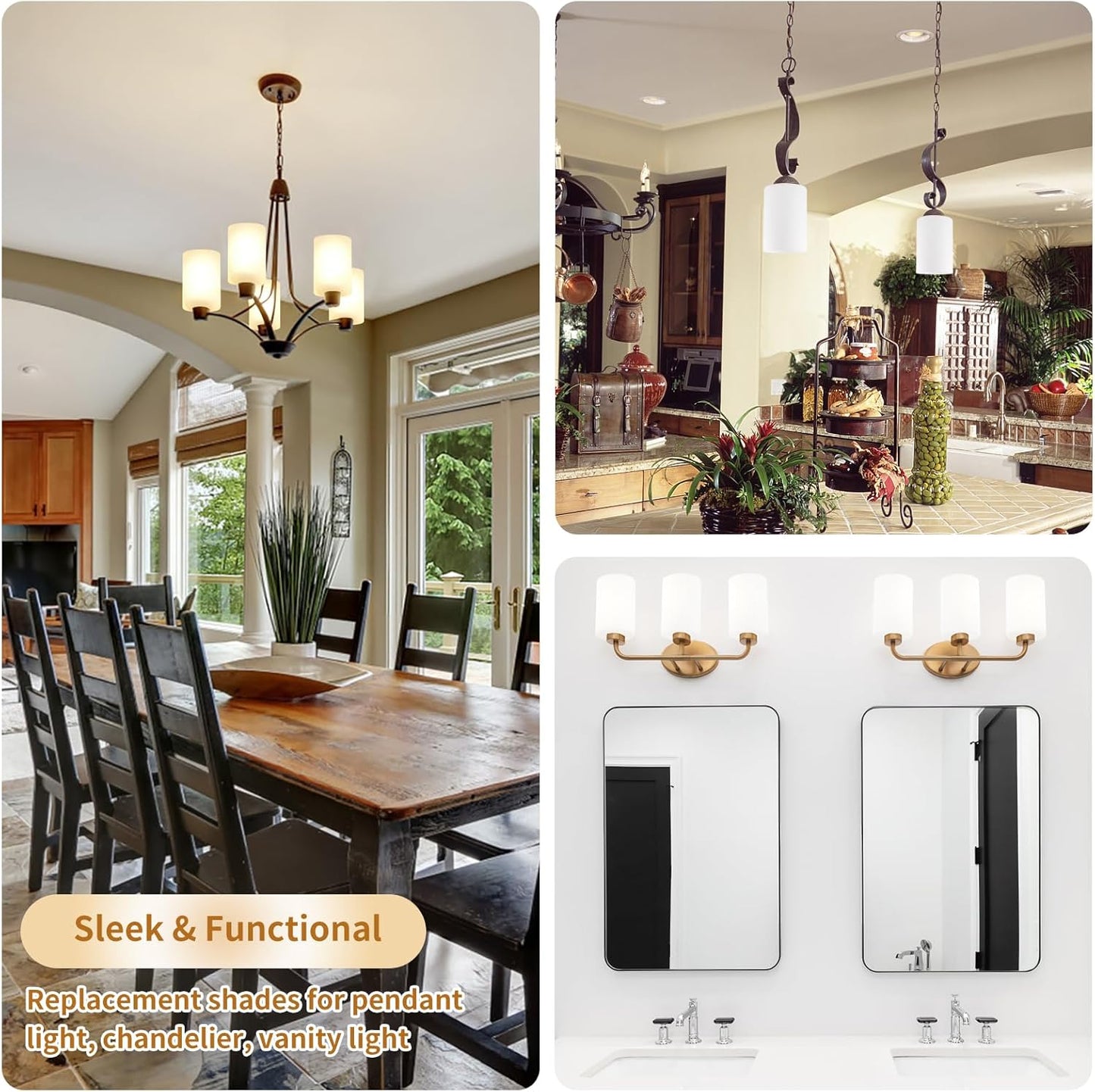 3 Pack Frosted Opal White Glass Lamp Shade, Lip-less Cylinder Glass Light Fixture Cover, Replacement Globe for Chandelier, Pendant, Vanity Light
