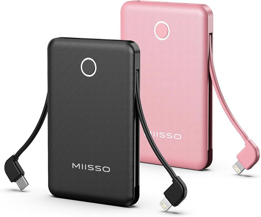 6000mah Ultra Slim Built in Cables Power Bank, Card Size Built in USB C Cords by MIISSO
