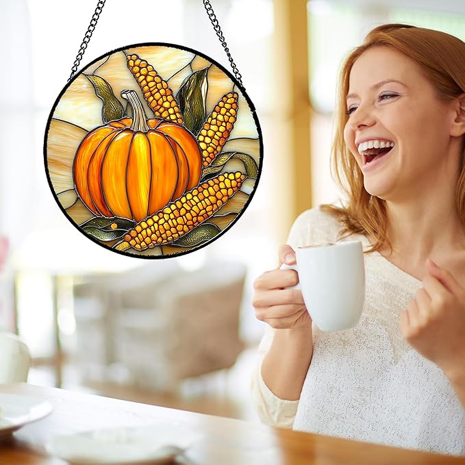 DASTOLL Stained Glass Window Hanging Autumn Harvest Pumpkin Corn 9.8" - Image 4