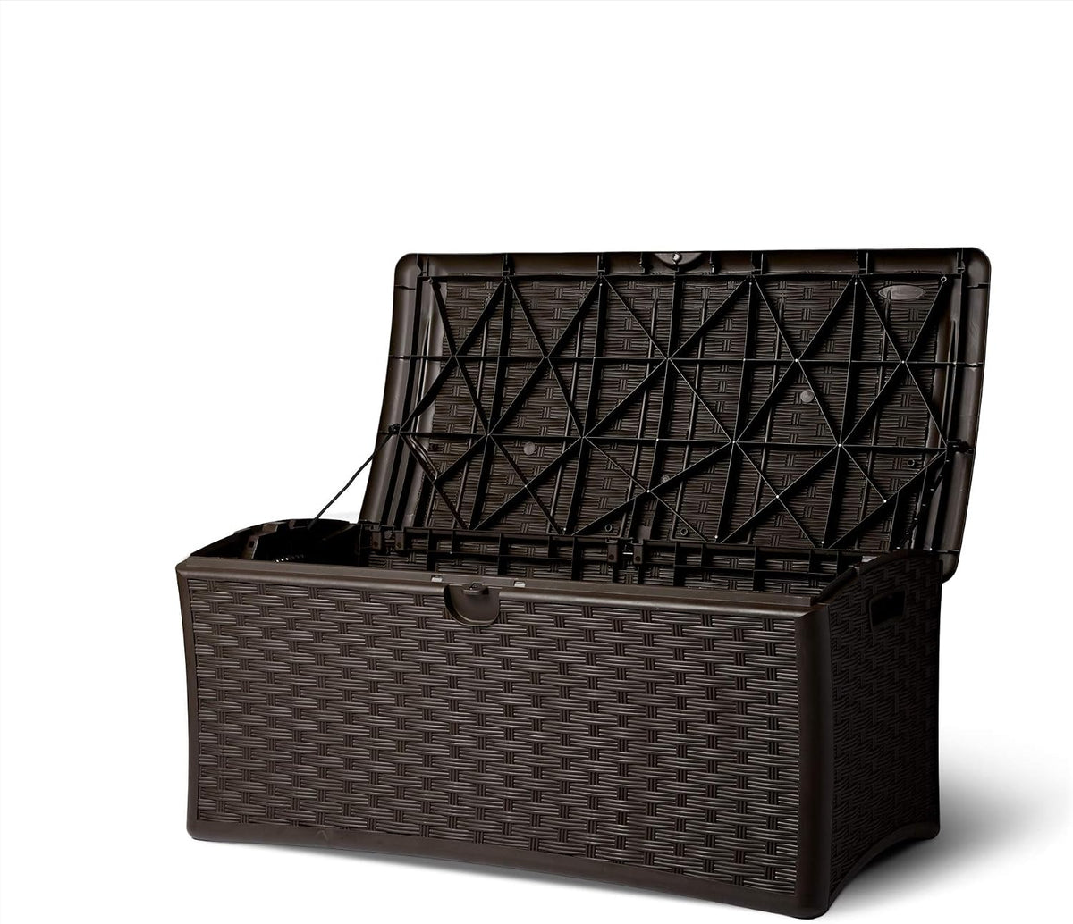 suncast 72 gallon resin outdoor patio storage box shown in use