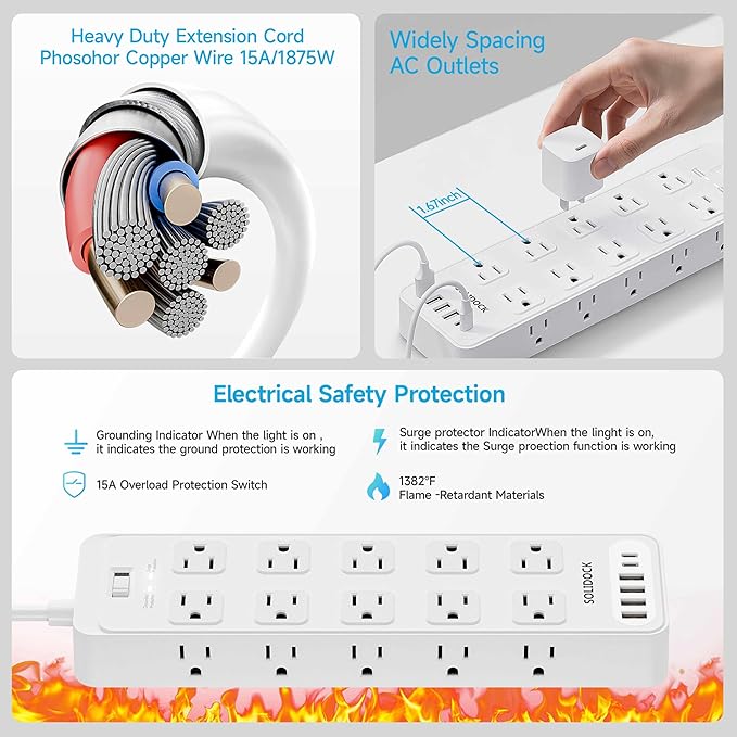 Solidock Power Strip Surge Protector Flat Plug - Image 7
