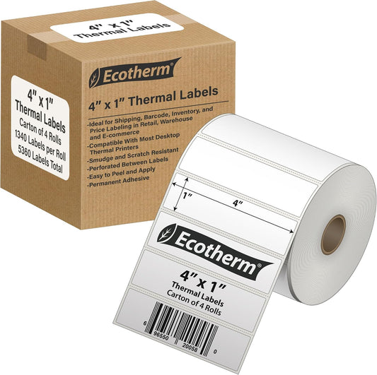 4" x 1" Thermal Labels | 4 Rolls | 5360 Labels | fits Zebra, Offnova Thermal