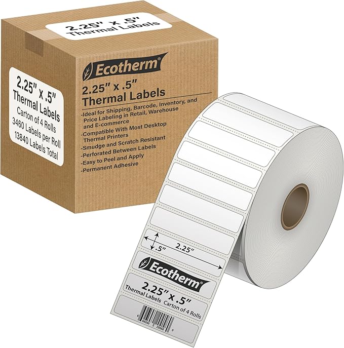 2.25" x .5" Thermal Labels | 4 Rolls | 13840 Labels | fits Zebra, Offnova by EcothermProducts