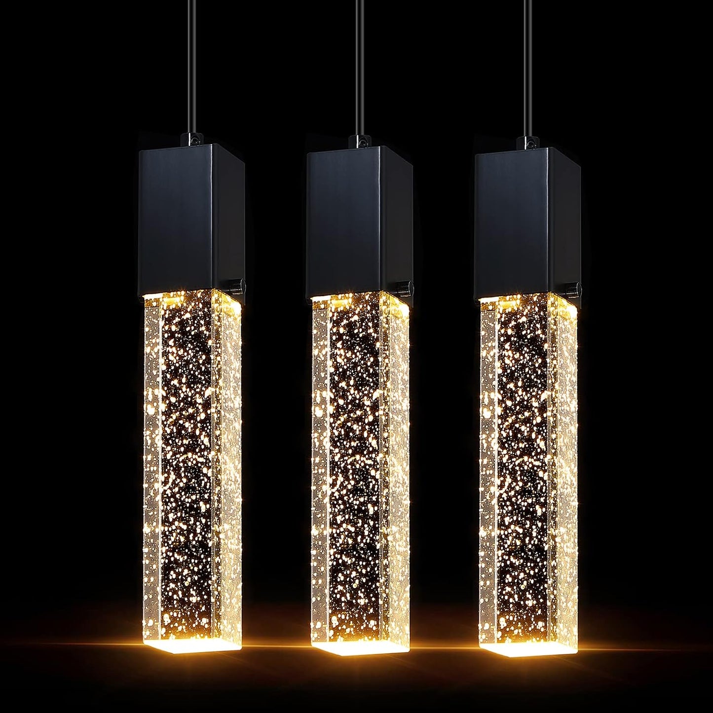 Mini Integrated Hanging Crystal Kitchen Island Modern Concise Pendant Ceiling Light Fixture,for Kitchen Island Dining Room Bedroom Hallway,UL Listed (Black, 3 Pack)