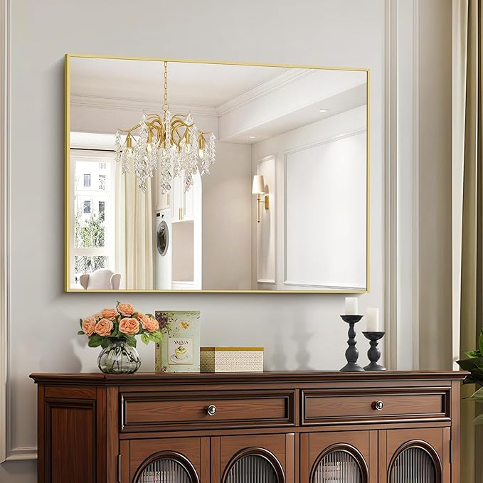 30x40In Gold Bathroom Mirror for Wall, Brushed Gold Rectangle Mirrors by Welcometocofeny