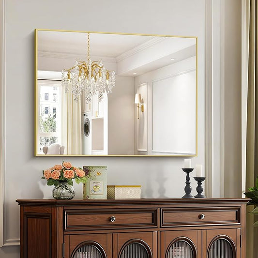 30x40In Gold Bathroom Mirror for Wall, Brushed Gold Rectangle Mirrors by Welcometocofeny