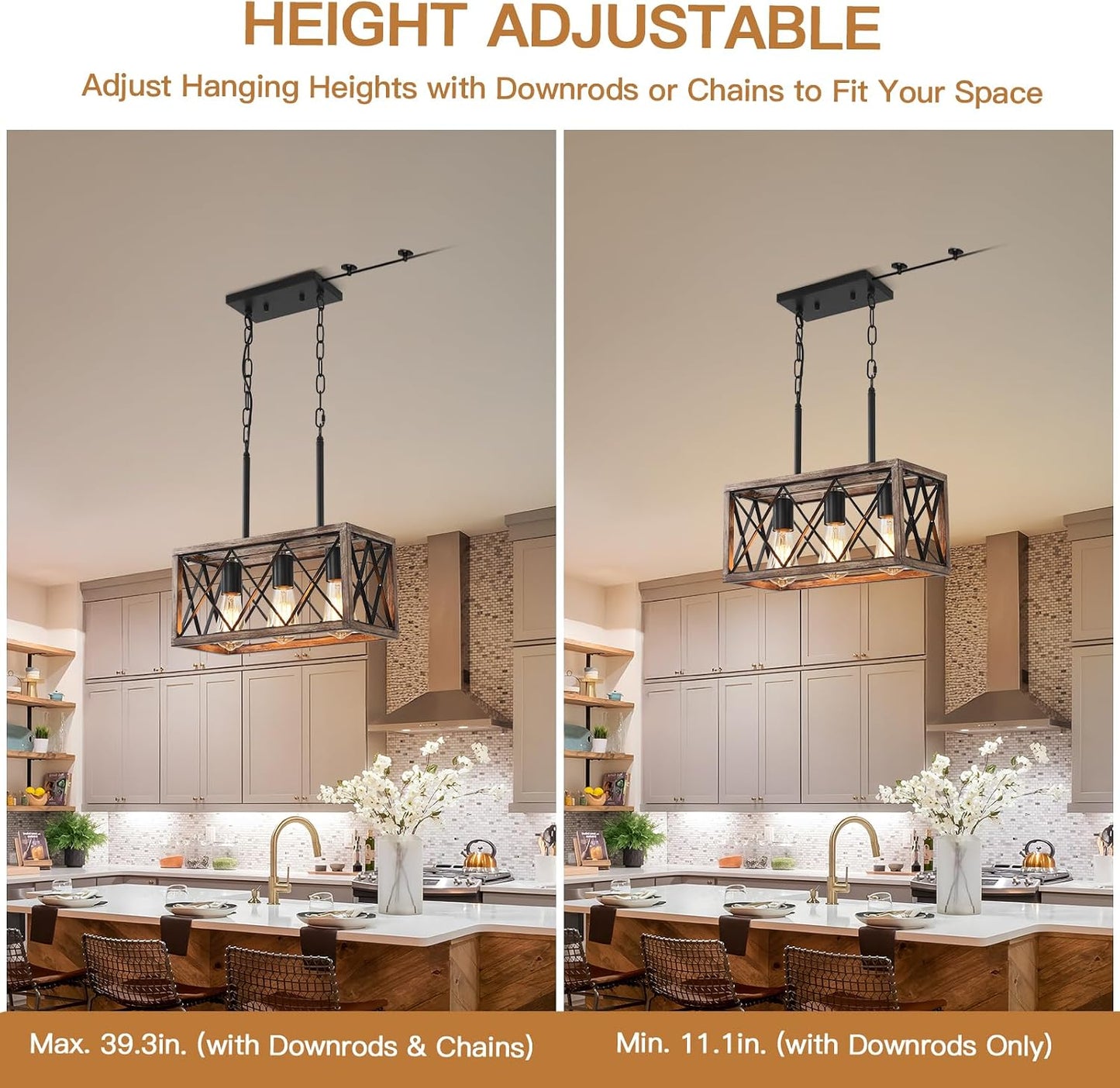 KEESFU Farmhouse Plug in Kitchen Lighting Fixtures Ceiling, 3 Lights Kitchen Pendant Light with 14.7ft Cord, Rustic Dining Room Light for Living Room Foyer Dining Table Over Sink. (Wood Grain Color)