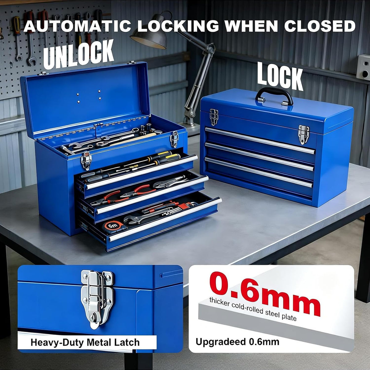 big red metal tool box, 20.5-inch, portable metal, close-up detail
