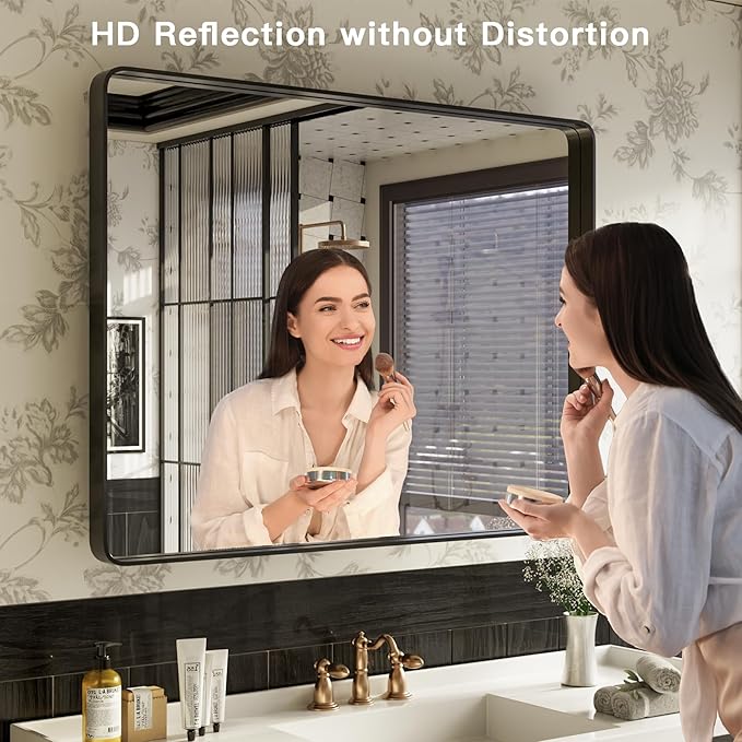 ISKM Black Bathroom Mirror for Wall 40" x 38" Matte Black Framed Vanity Mirror - Image 2