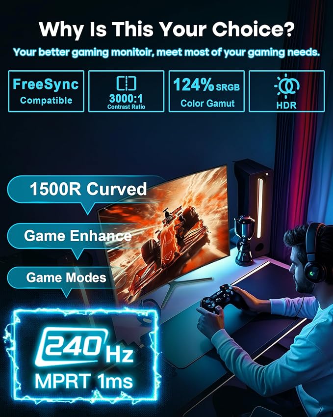 SANSUI 24 Inch Curved 240Hz Gaming Monitor FHD 1080P, 1500R Curve Computer - Image 2