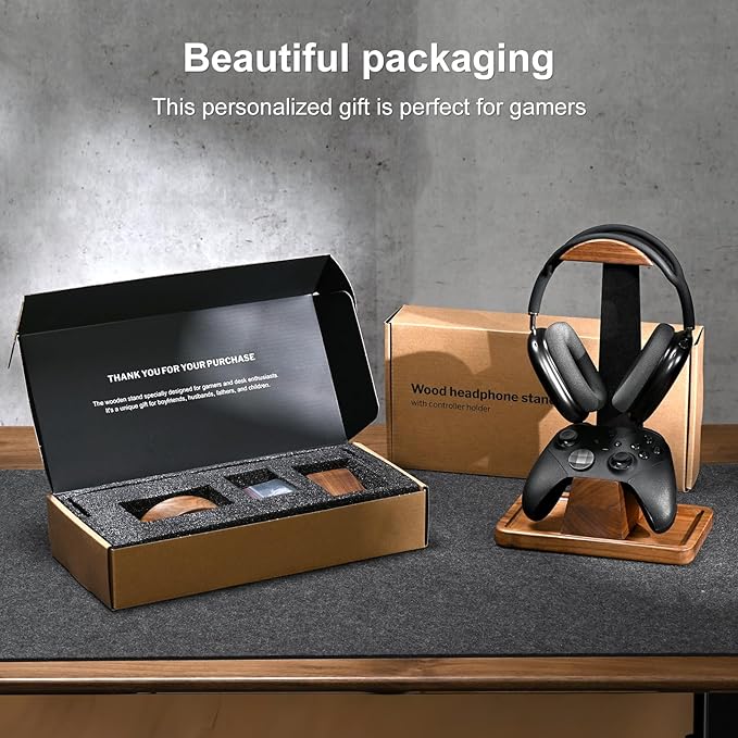 UPERGO Headset Stand with Gaming Controller Holder, Walnut Wood Headphone Stand - Image 8