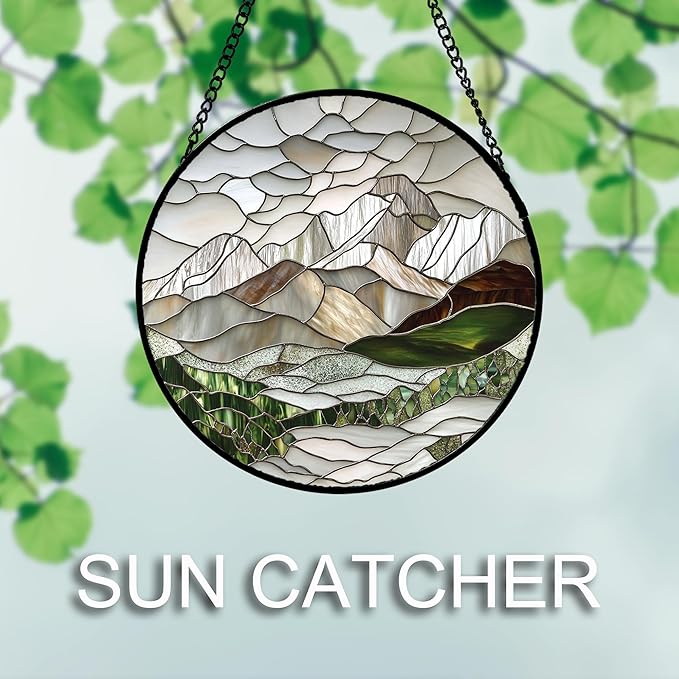 AMDERVEN Stained Glass Window Hanging 4 Pcs Set Mountain River Landscape 9.8" - Image 3