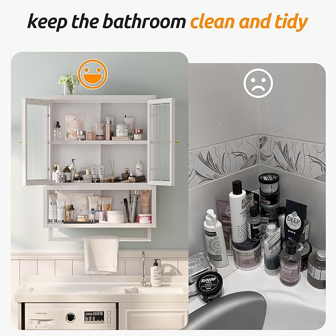 Bathroom Wall Cabinet with 2 Glass Door, Bathroom Medicine Cabinet with Towels - Image 7