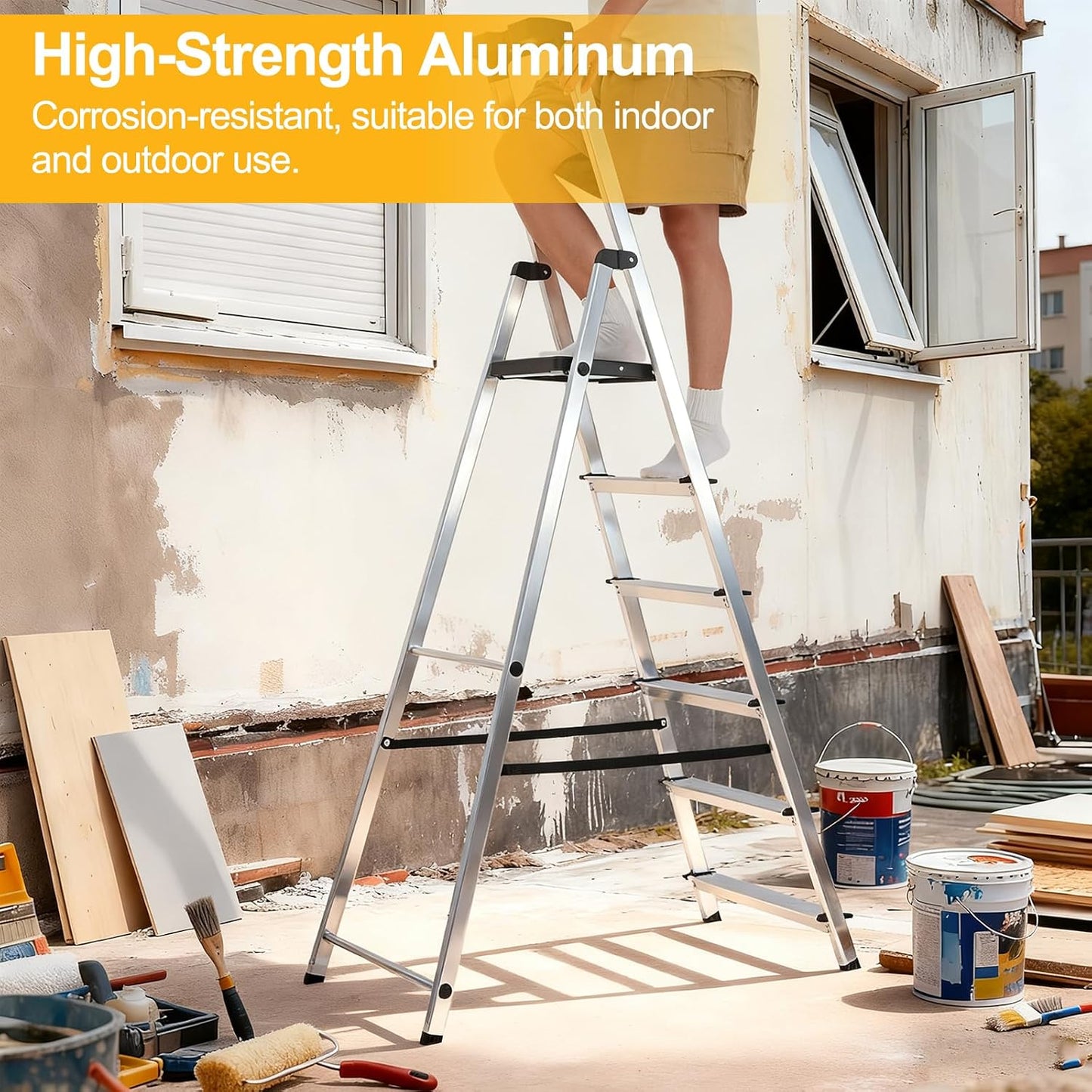 NEWBULIG 6-Step Platform Ladder, 330LB Heavy Duty Aluminum Folding Step Stool with Textured Anti-Slip & Safety Handrail, Multi-Use Household Ladder for Kitchen, Garage, Courtyard Indoor/Outdoor